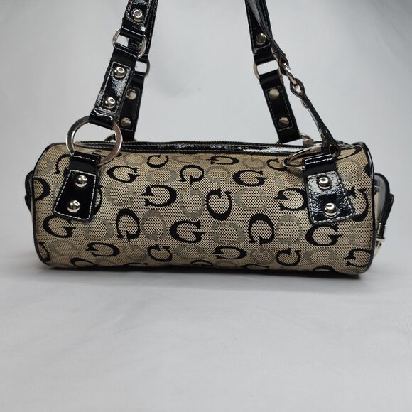 Guess Monogram Barrel Bag Satchel G Logo Canvas Black Patent Trim Purse Y2K - Picture 4 of 11